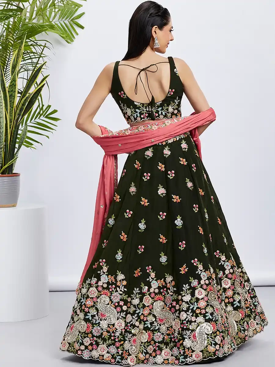 Olive Organza Embroidery Reception Wedding Heavy Border Lehenga Choli