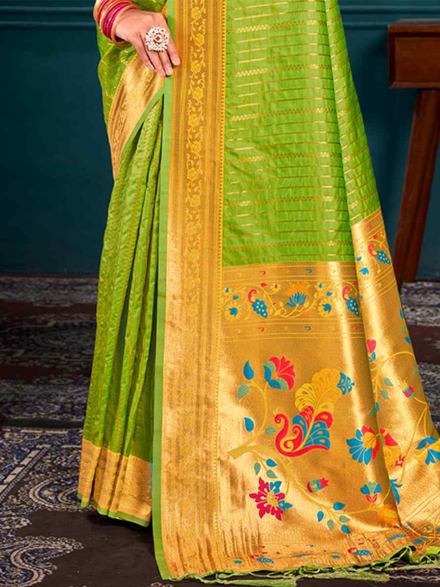 Olive Paithani Silk Handwoven Wedding Festival Heavy Border Saree