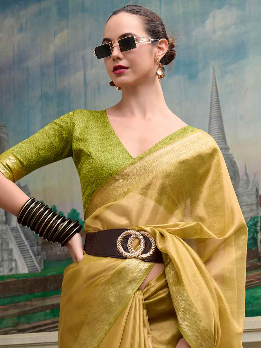 Olive Pure Tisshue Silk Handwoven Festival Wedding Heavy Border Saree