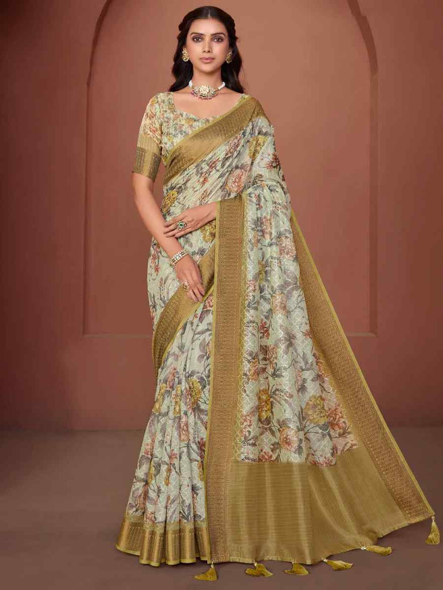 Olive Silk Embroidered Reception Party Heavy Border Saree