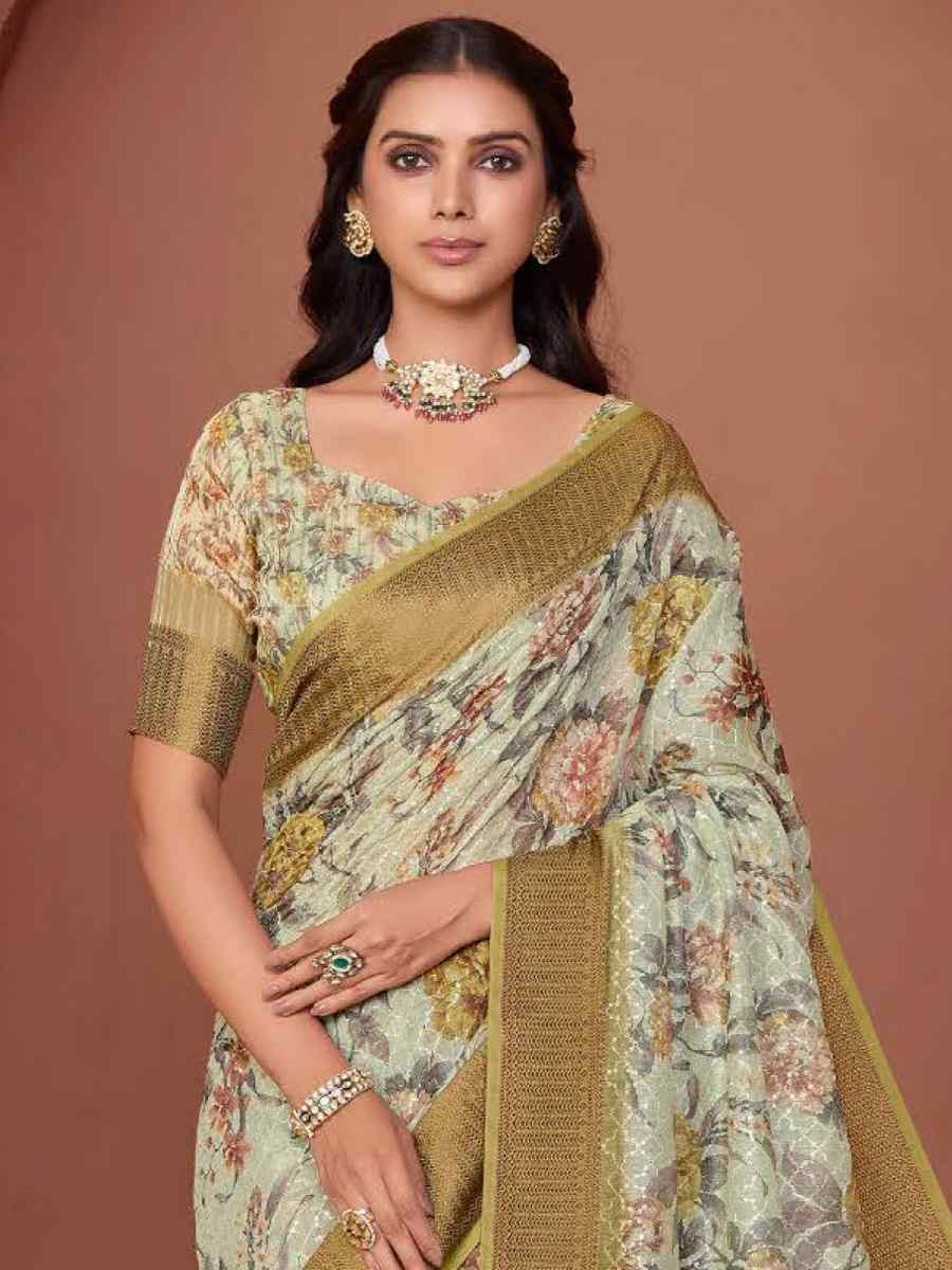 Olive Silk Embroidered Reception Party Heavy Border Saree