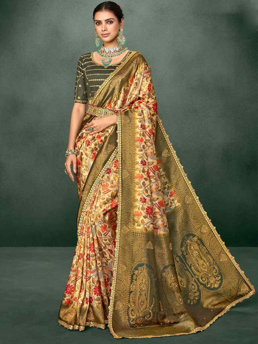 Olive Silk Embroidered Reception Party Heavy Border Saree