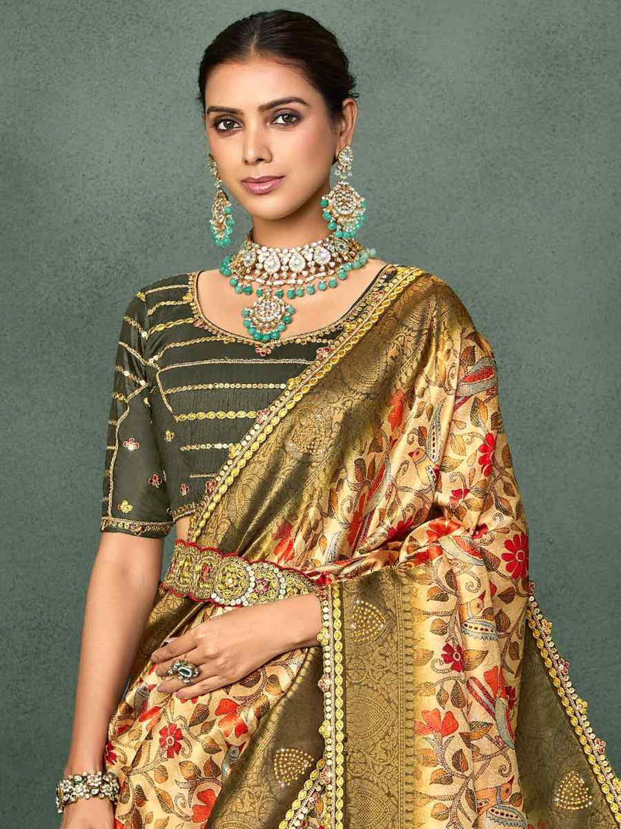 Olive Silk Embroidered Reception Party Heavy Border Saree