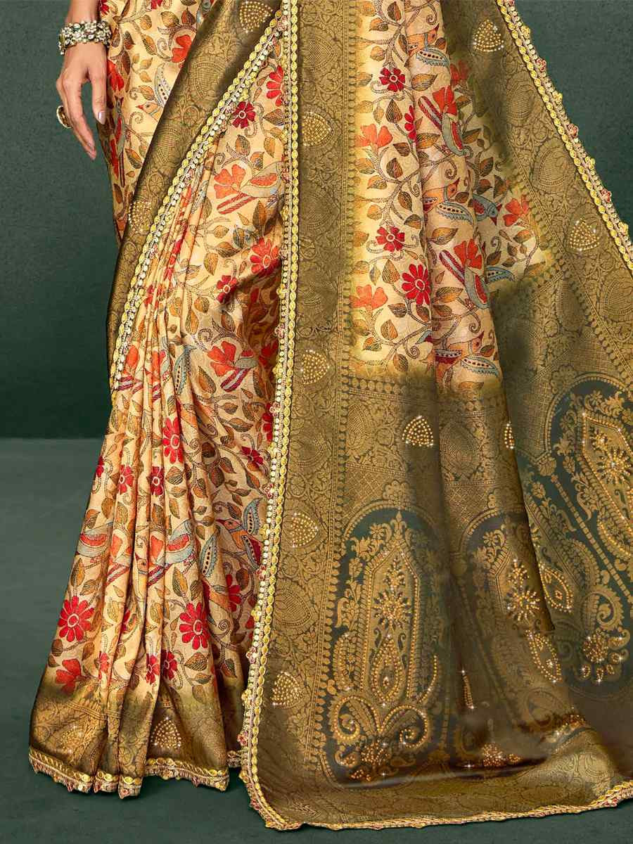 Olive Silk Embroidered Reception Party Heavy Border Saree