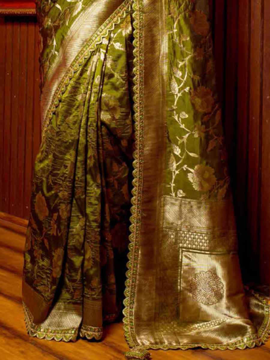 Olive Silk Handwoven Festival Wedding Heavy Border Saree