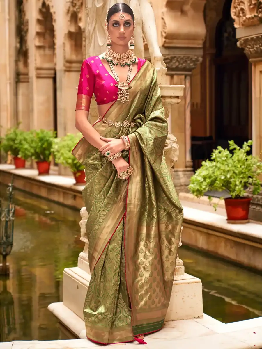 Olive Silk Handwoven Festival Wedding Heavy Border Saree