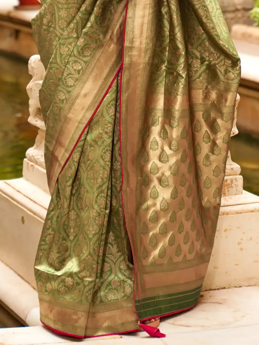 Olive Silk Handwoven Festival Wedding Heavy Border Saree