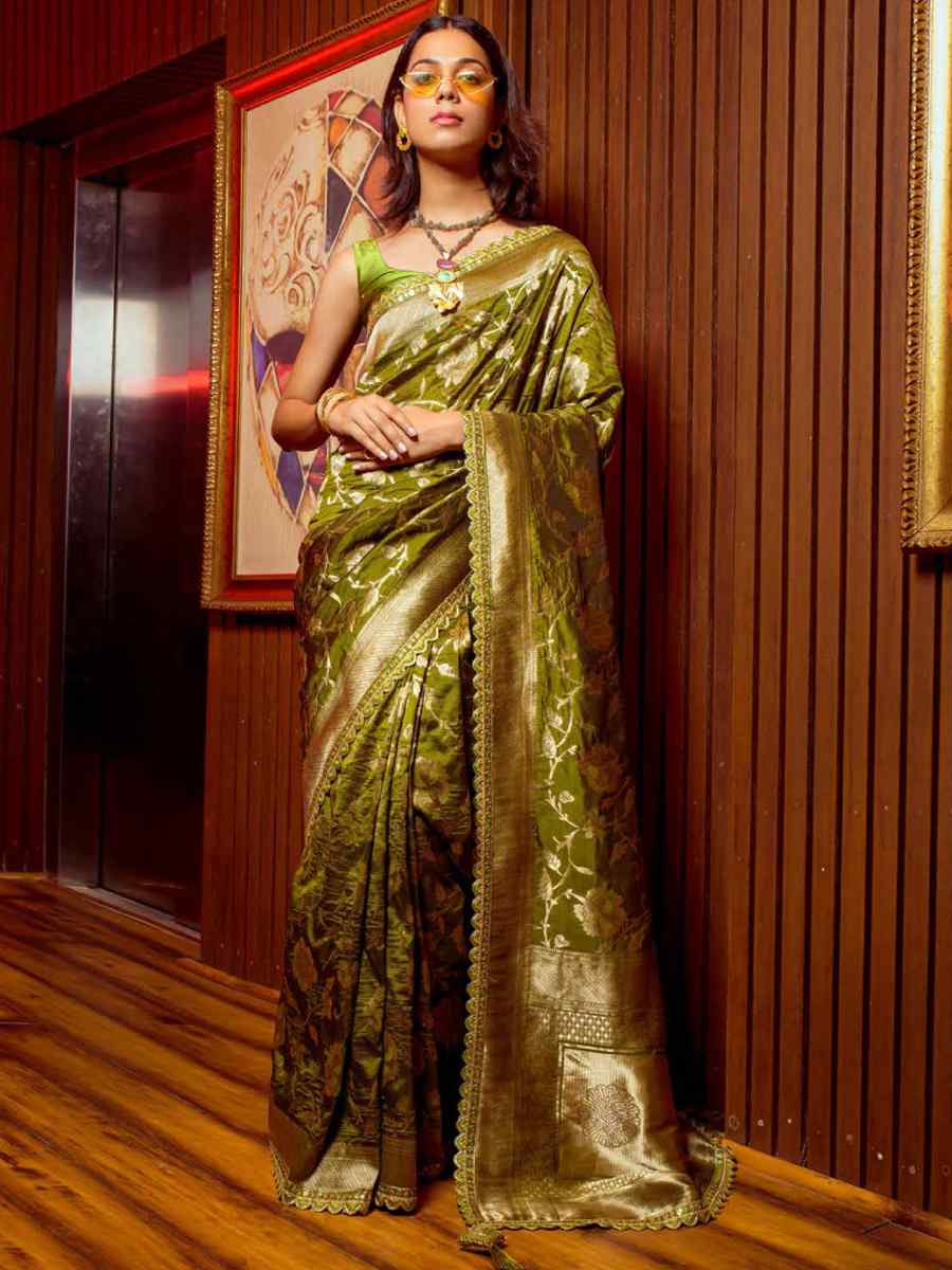 Olive Silk Handwoven Festival Wedding Heavy Border Saree