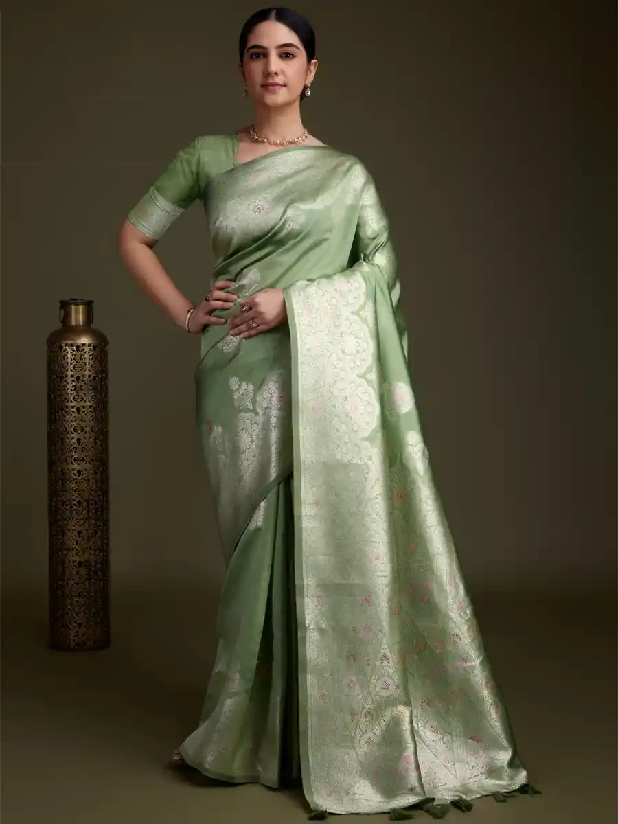 Olive Soft Silk Handwoven Festival Wedding Heavy Border Saree