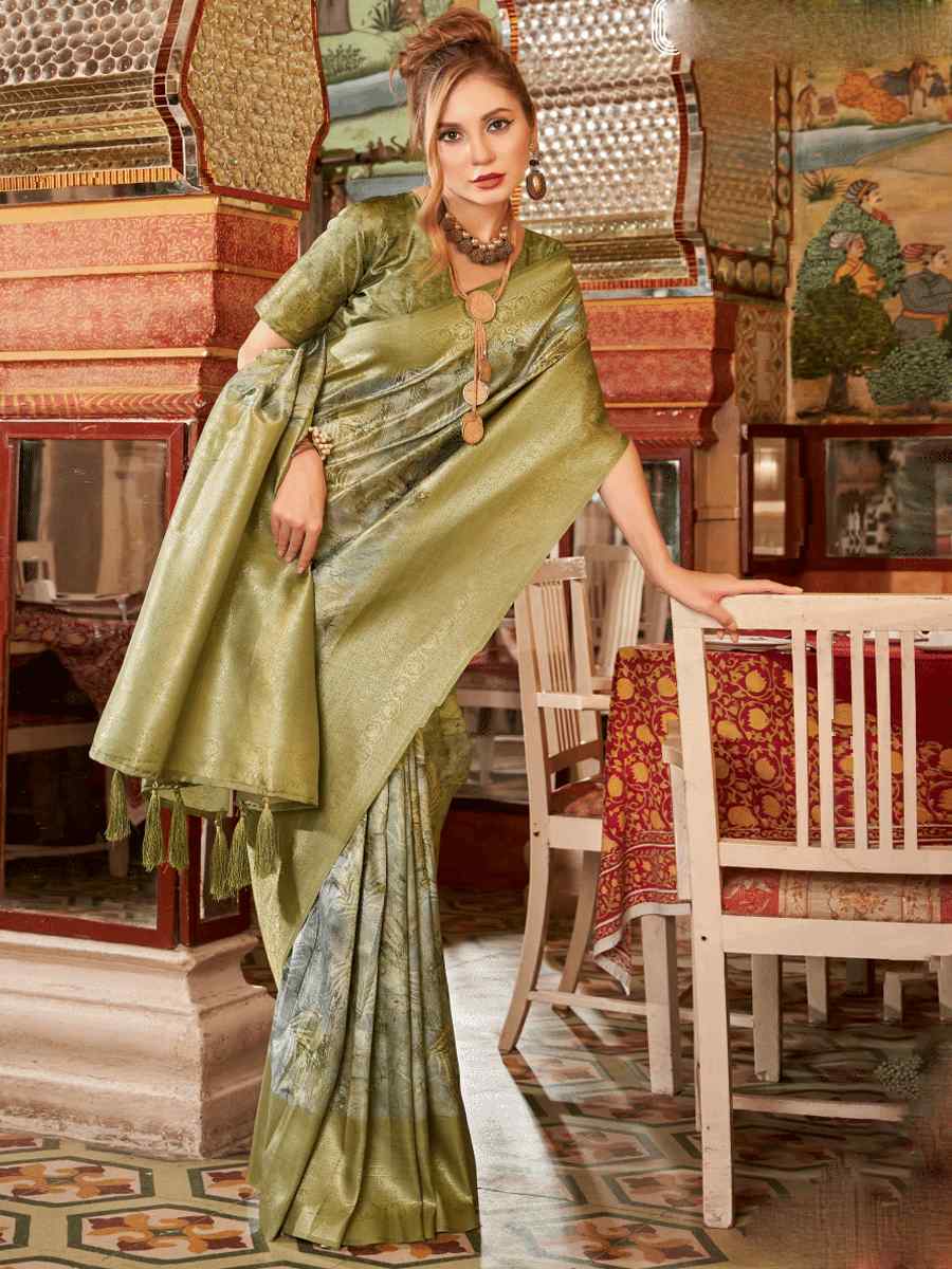 Olive Soft Silk Handwoven Festival Wedding Heavy Border Saree