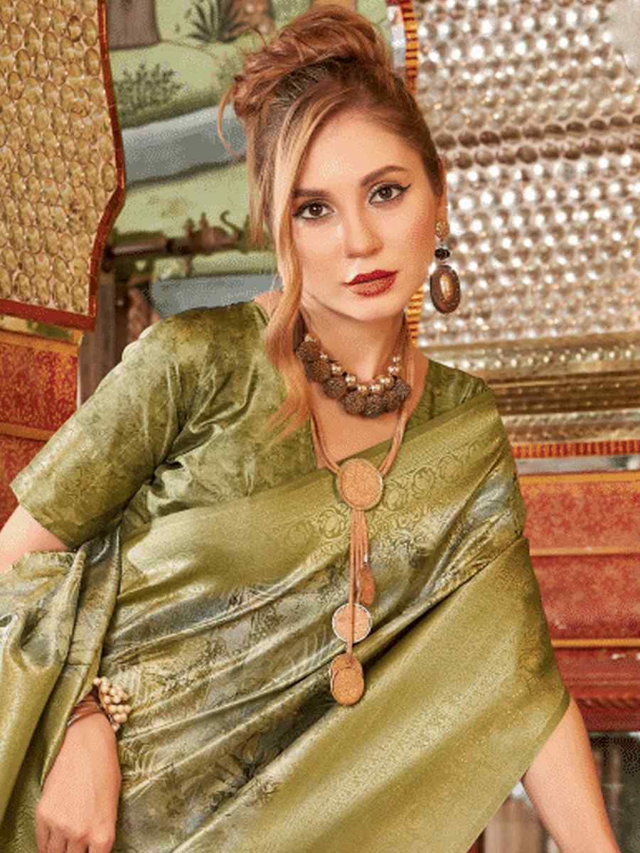 Olive Soft Silk Handwoven Festival Wedding Heavy Border Saree