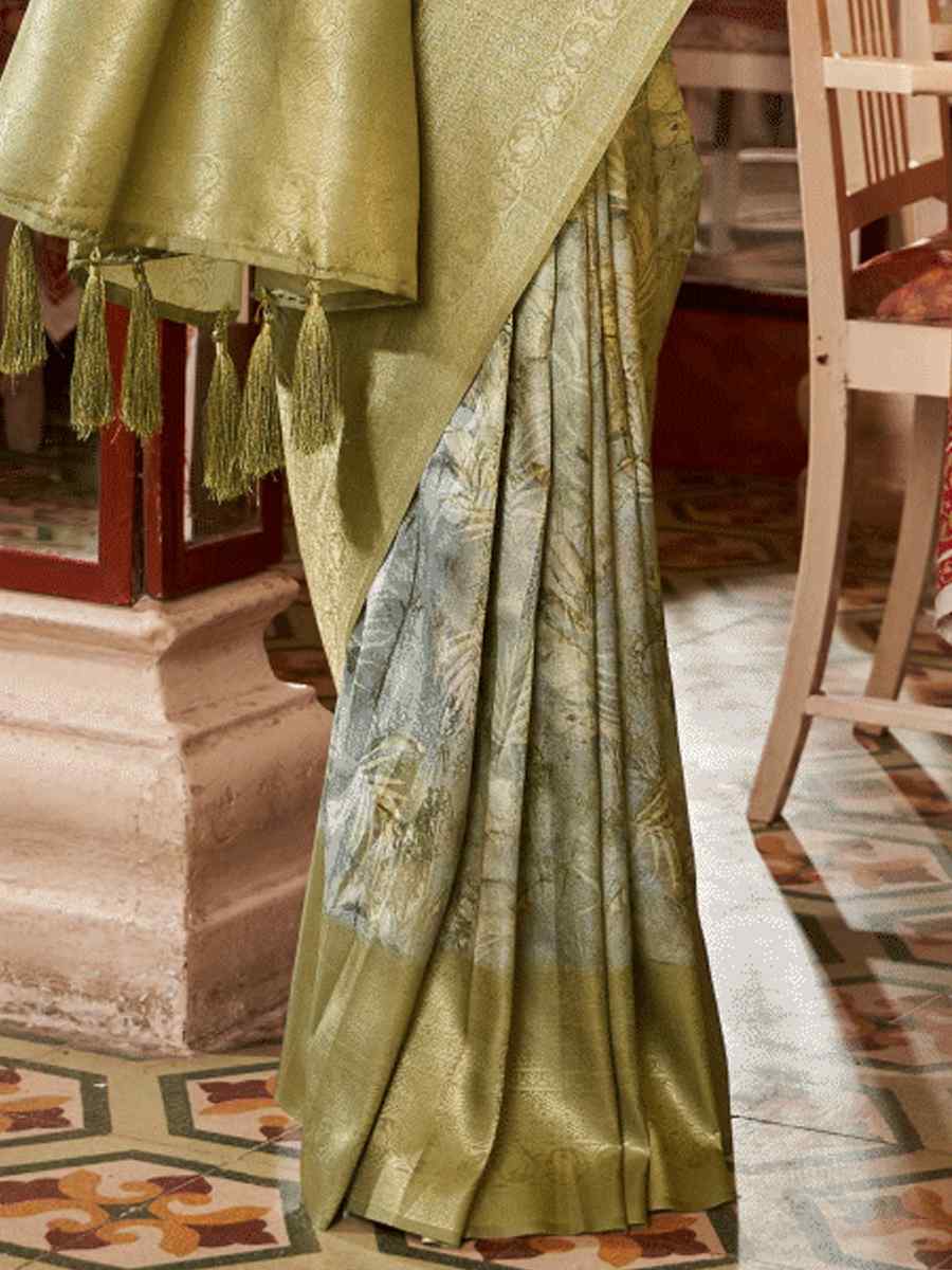 Olive Soft Silk Handwoven Festival Wedding Heavy Border Saree