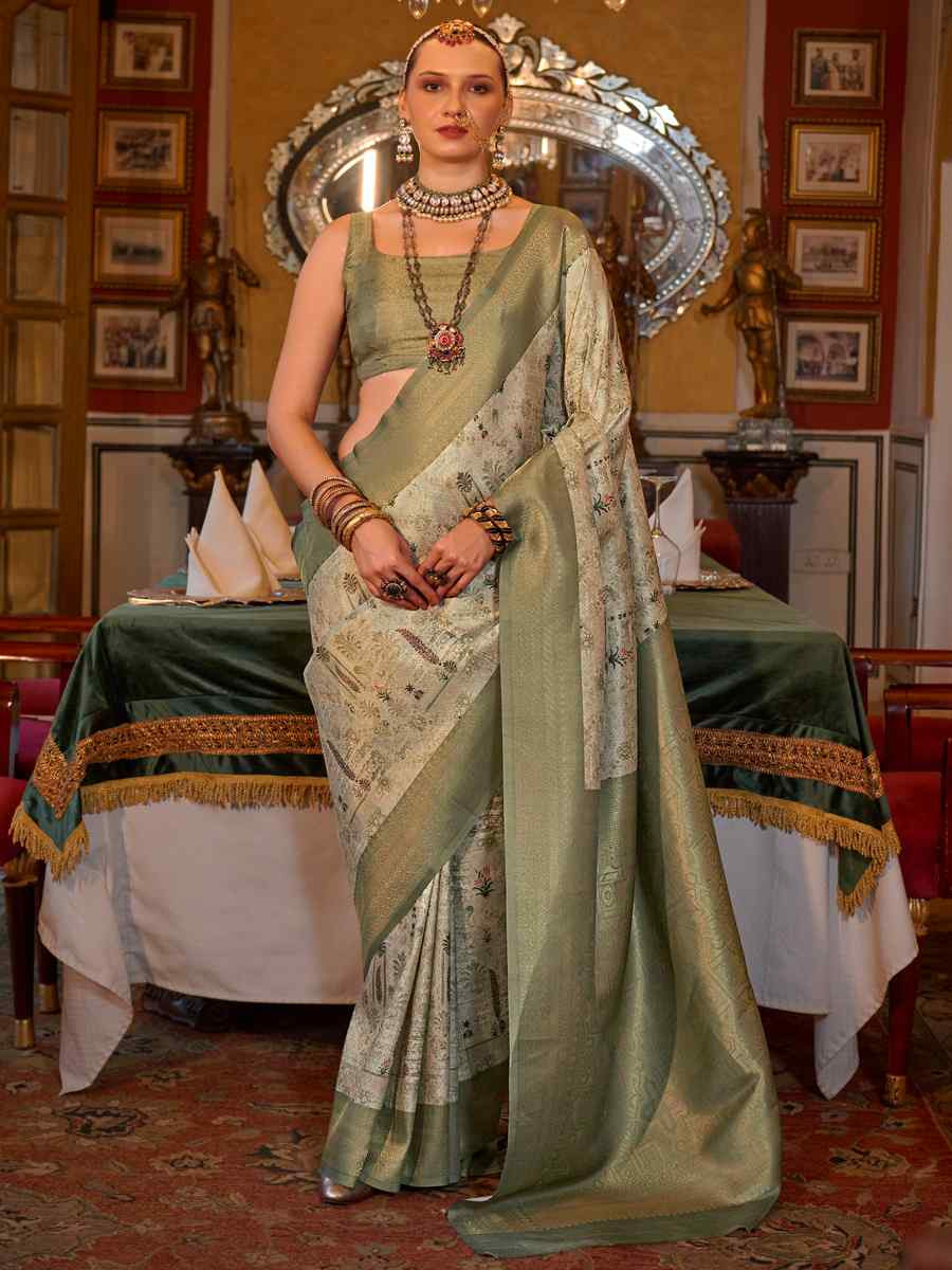 Olive Tusser Silk Handwoven Festival Wedding Heavy Border Saree