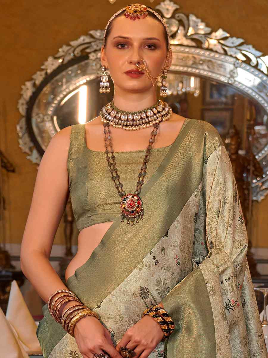 Olive Tusser Silk Handwoven Festival Wedding Heavy Border Saree