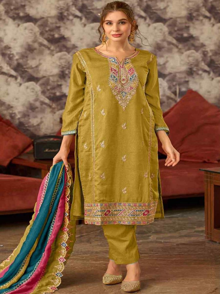 Olive Vichitra Silk Embroidered Festival Wedding Pant Salwar Kameez