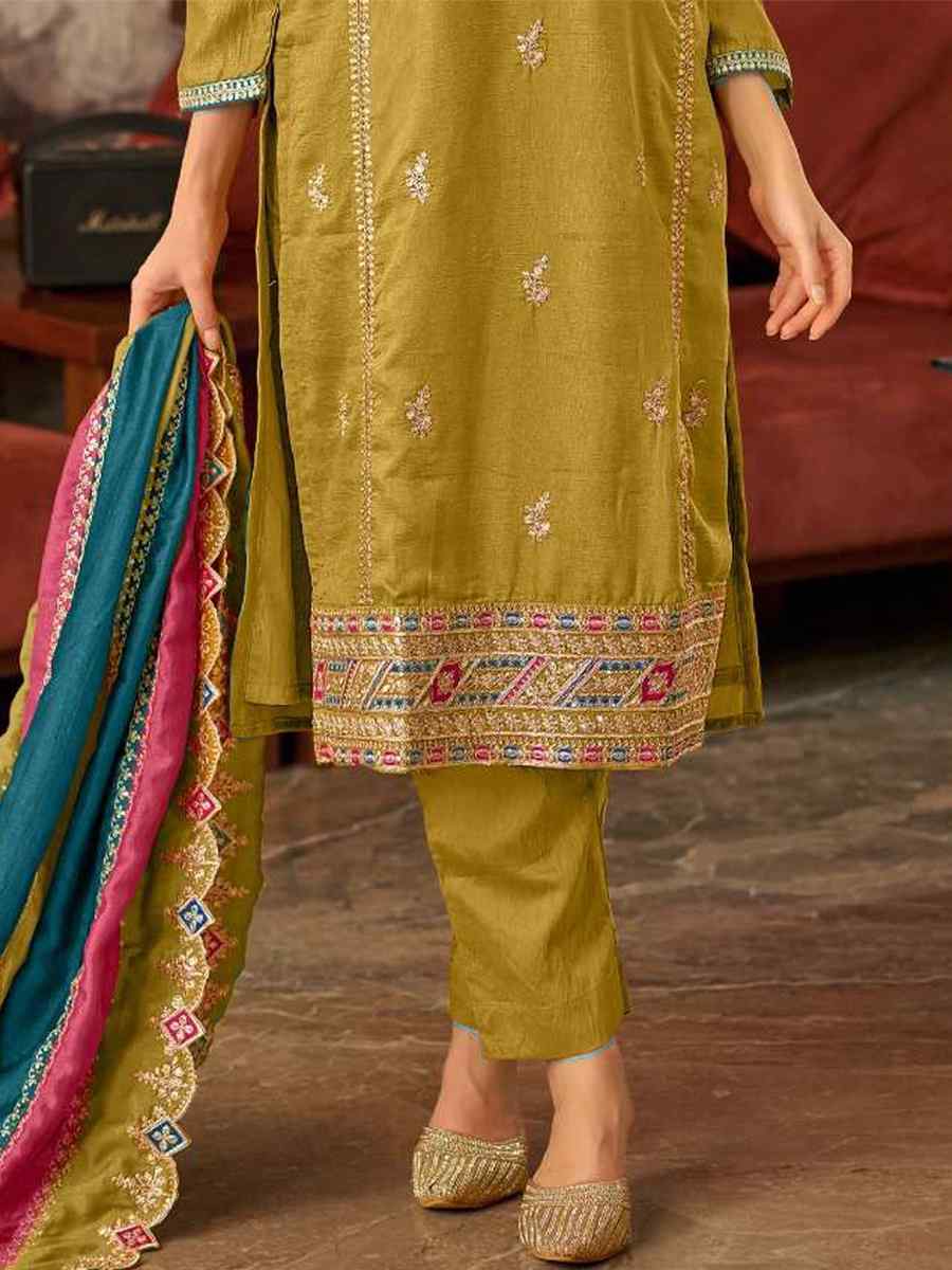 Olive Vichitra Silk Embroidered Festival Wedding Pant Salwar Kameez