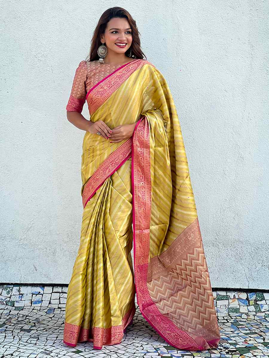 Olive Zari Tissue Handwoven Festival Casual Heavy Border Saree