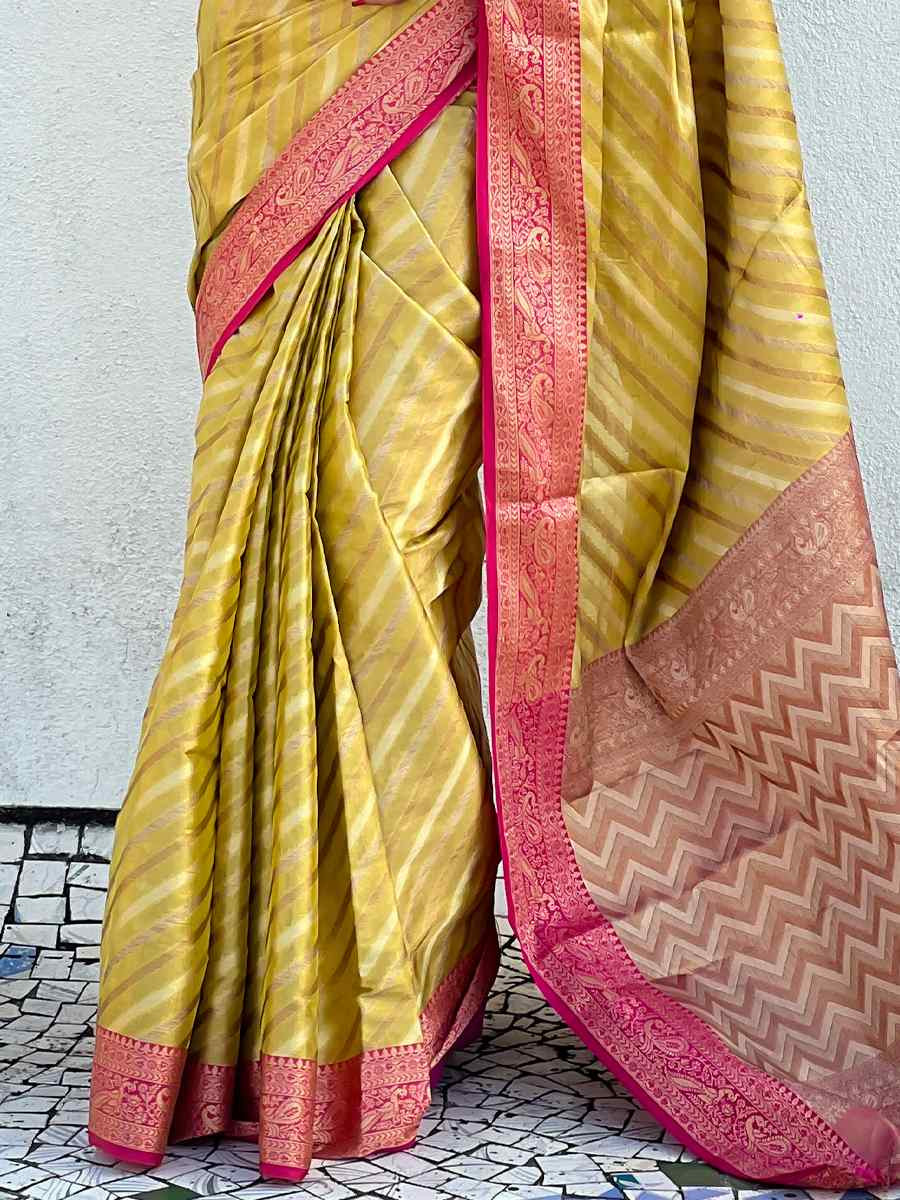 Olive Zari Tissue Handwoven Festival Casual Heavy Border Saree