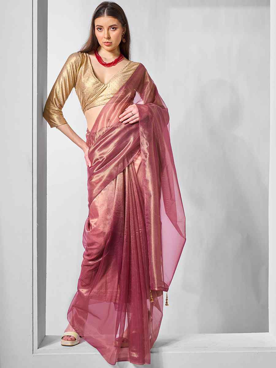 Onion Gold Tissue Net Handwoven Festival Wedding Heavy Border Saree