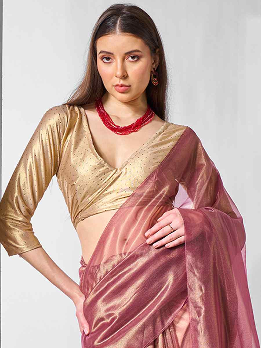 Onion Gold Tissue Net Handwoven Festival Wedding Heavy Border Saree