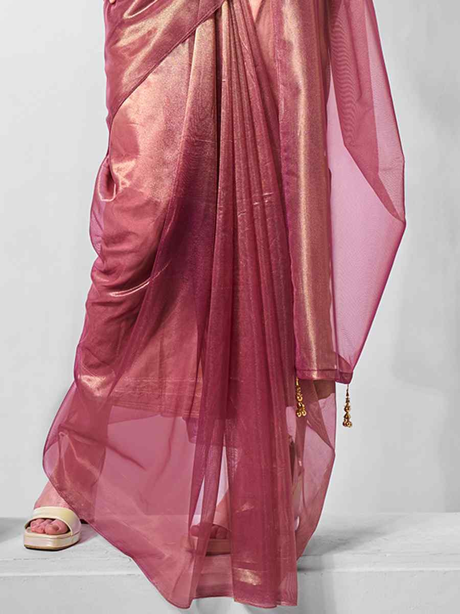 Onion Gold Tissue Net Handwoven Festival Wedding Heavy Border Saree