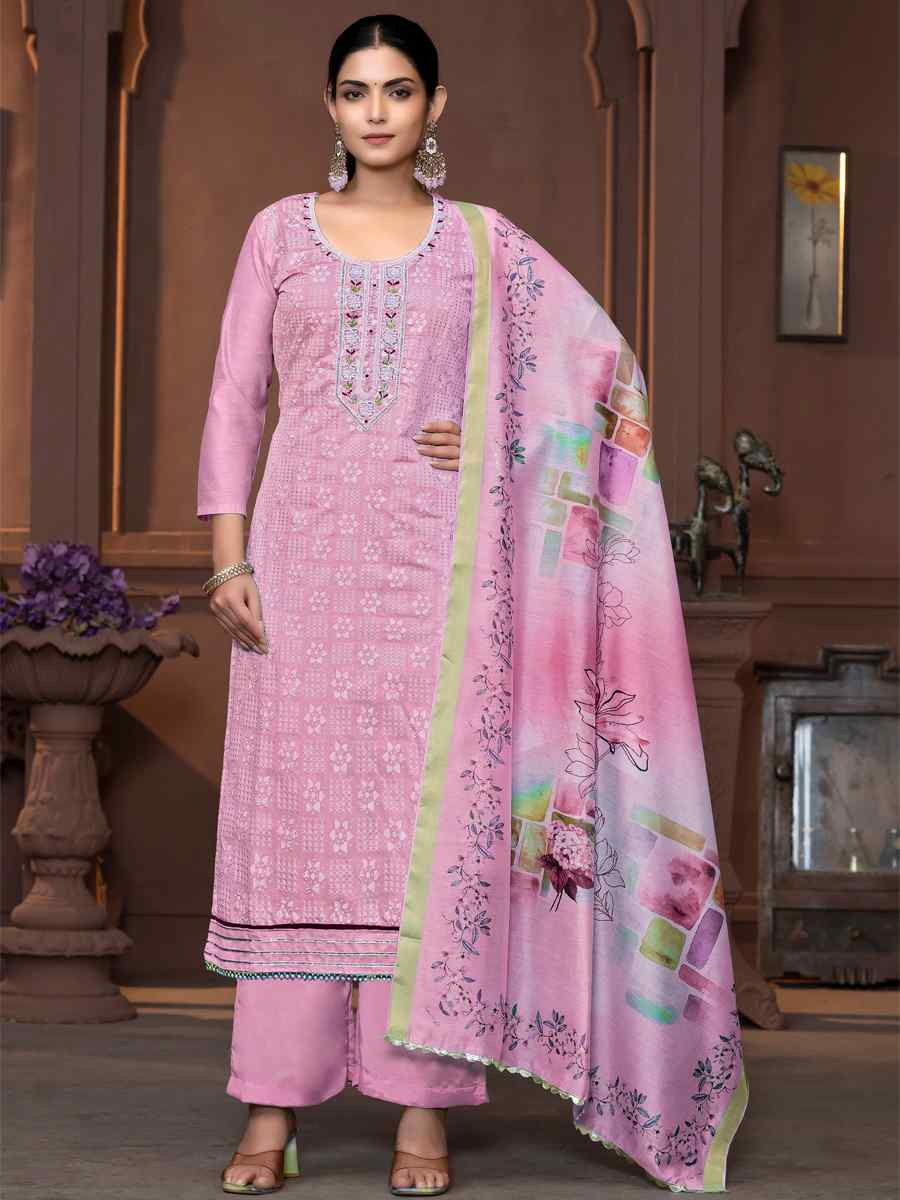 Onion Pink Muslin Cotton Embroidered Casual Festival Pant Salwar Kameez