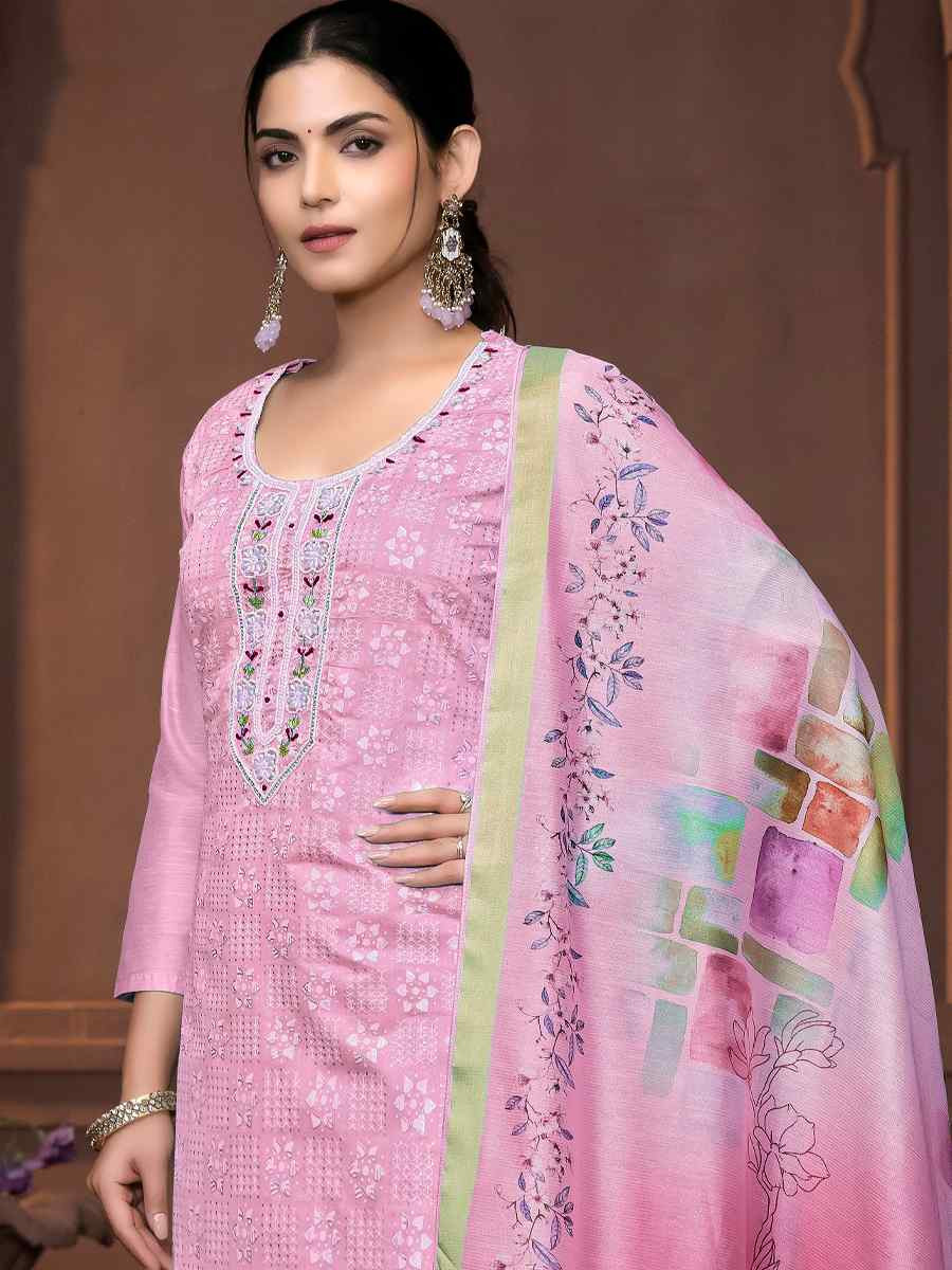 Onion Pink Muslin Cotton Embroidered Casual Festival Pant Salwar Kameez