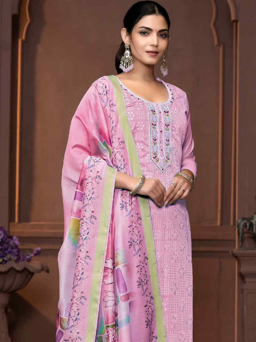 Onion Pink Muslin Cotton Embroidered Casual Festival Pant Salwar Kameez