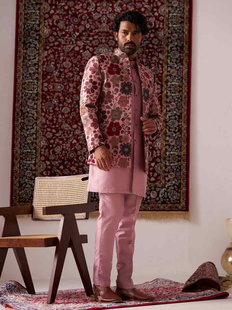 Onion Pink Silk Embroidered Party Wedding Kurta