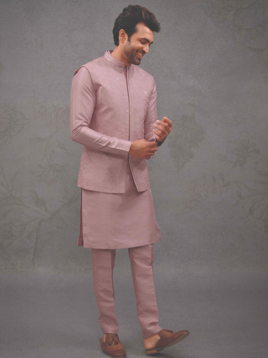 Onion Pink Silk Woven Groom Wedding Kurta