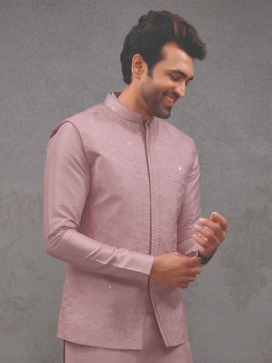 Onion Pink Silk Woven Groom Wedding Kurta