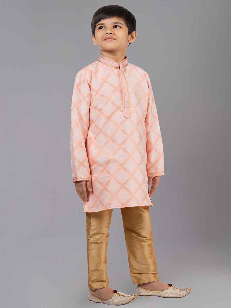 Orange  Jacquard Silk Embroidered Festival Traditional Kurta Pyjama Boys Wear