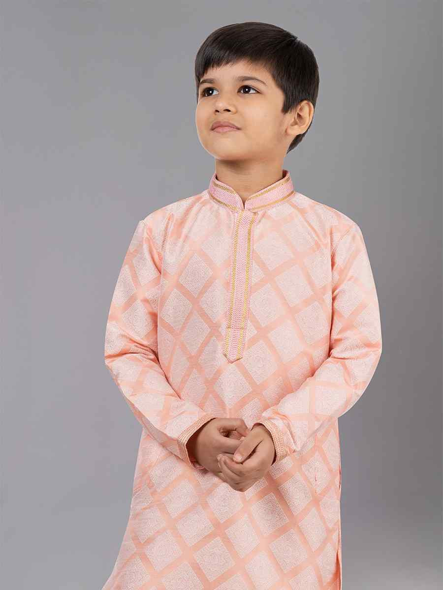 Orange  Jacquard Silk Embroidered Festival Traditional Kurta Pyjama Boys Wear