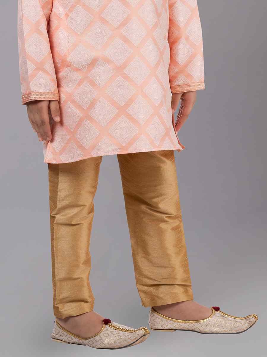 Orange  Jacquard Silk Embroidered Festival Traditional Kurta Pyjama Boys Wear