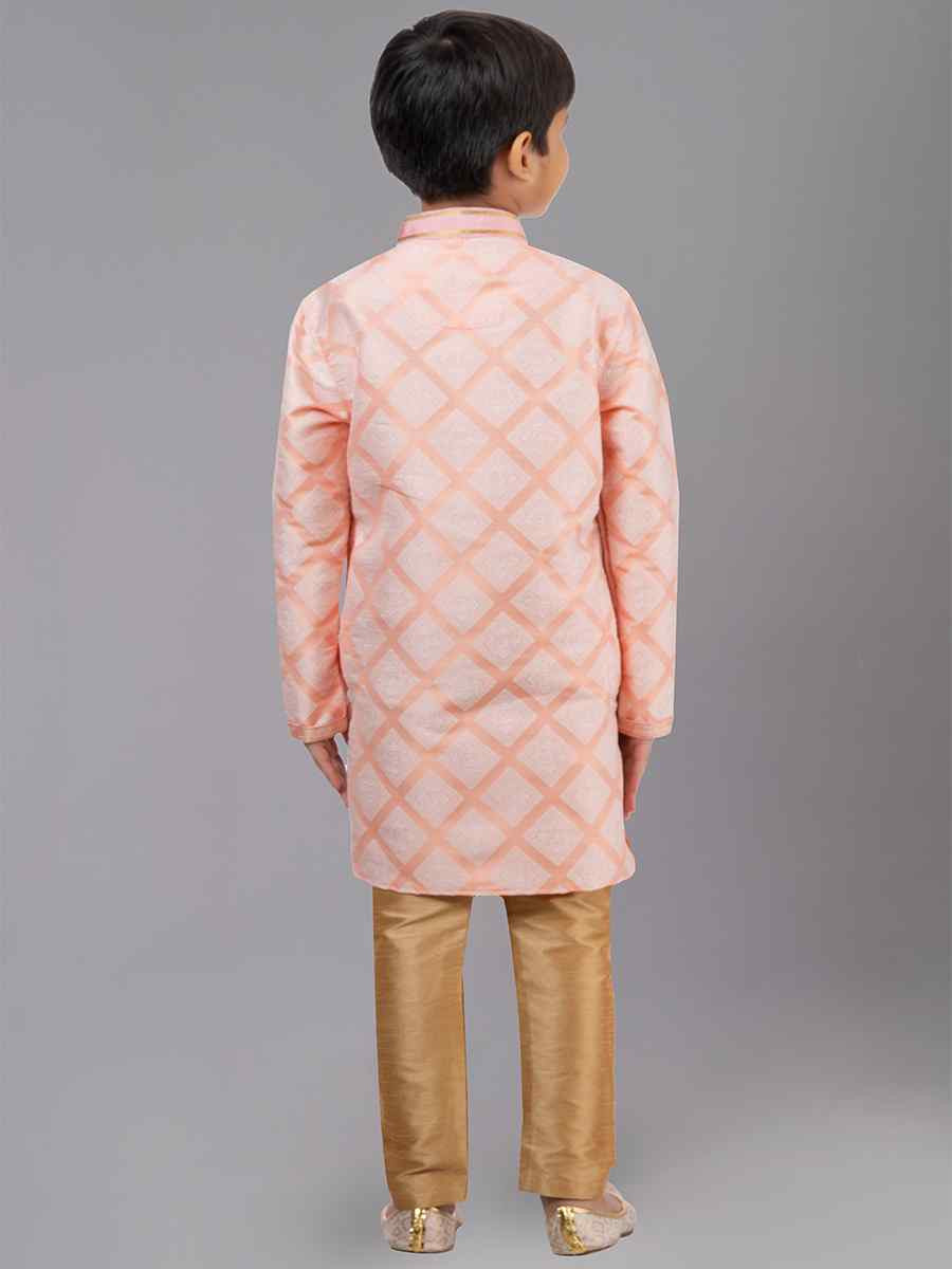 Orange  Jacquard Silk Embroidered Festival Traditional Kurta Pyjama Boys Wear