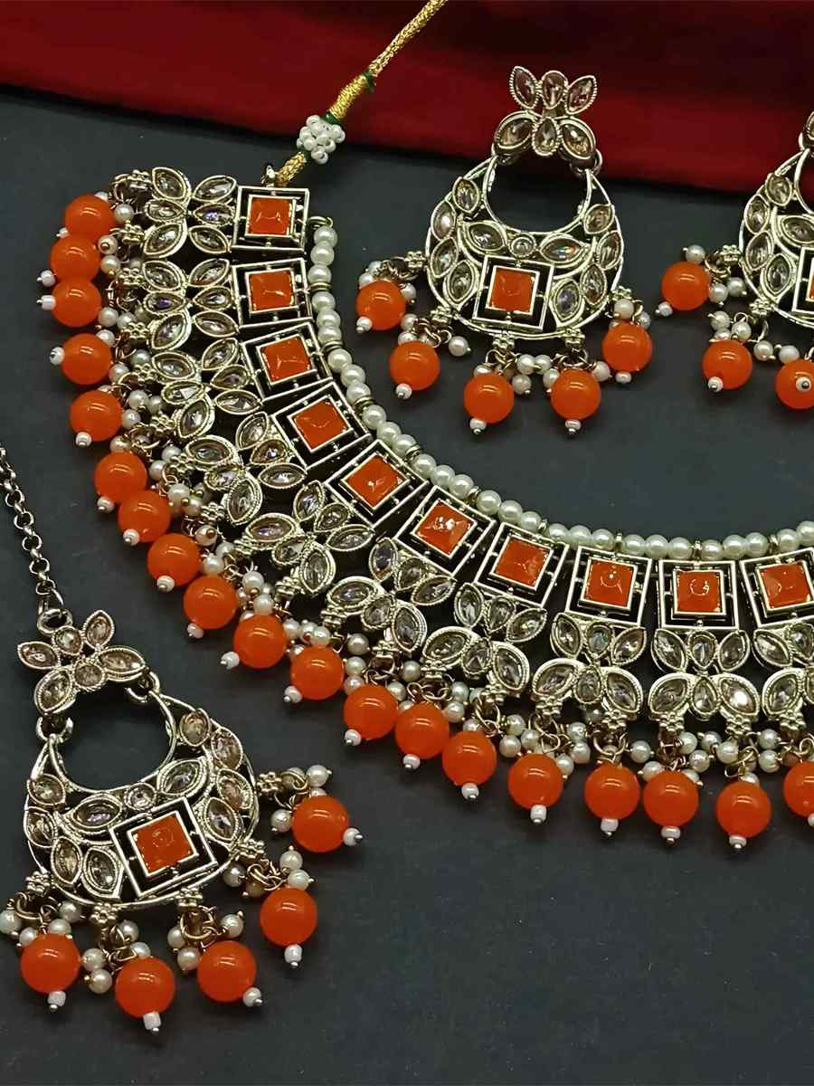 Orange Alloy Festival Wear Kundan Necklace