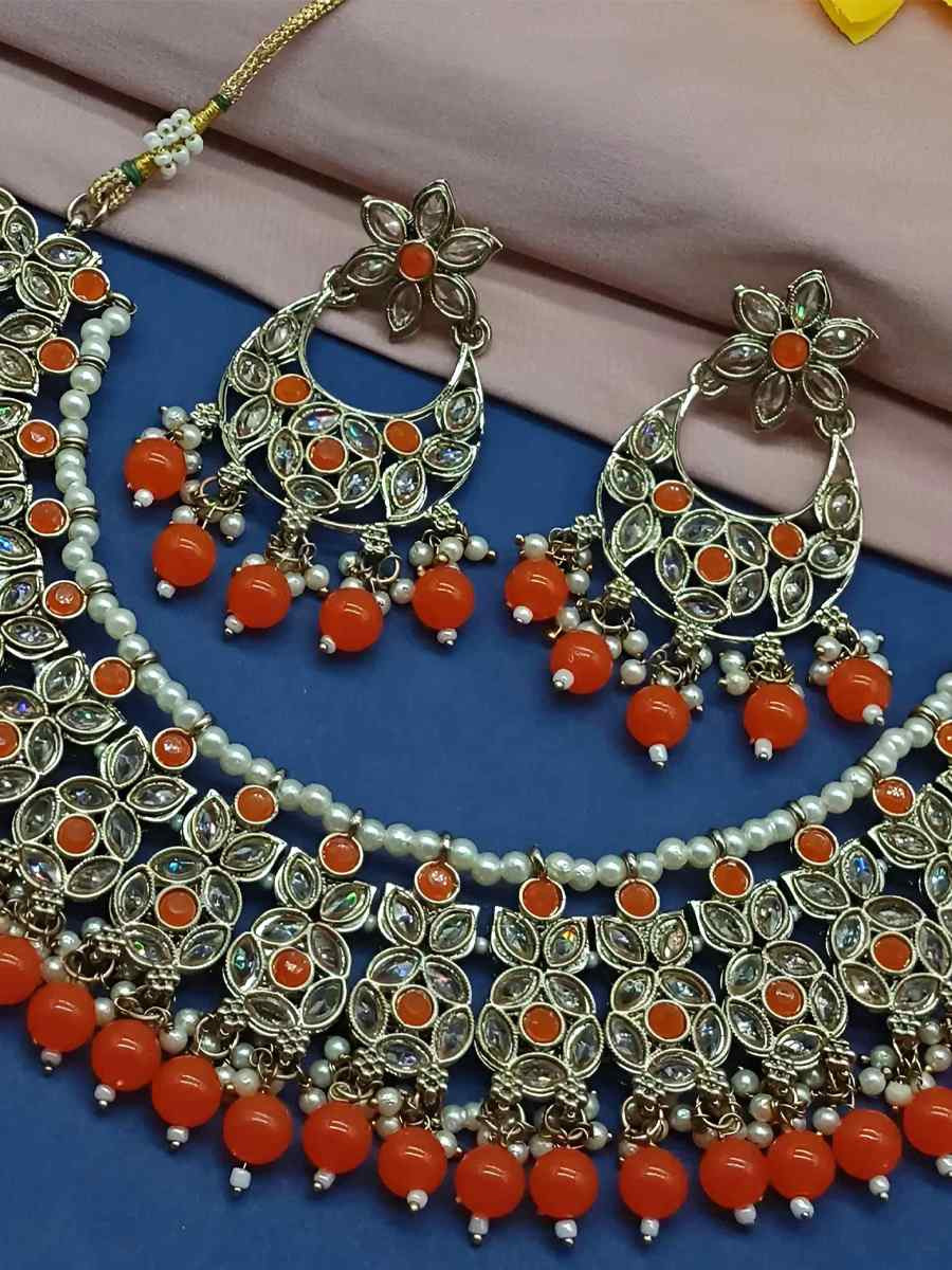 Orange Alloy Festival Wear Kundan Necklace