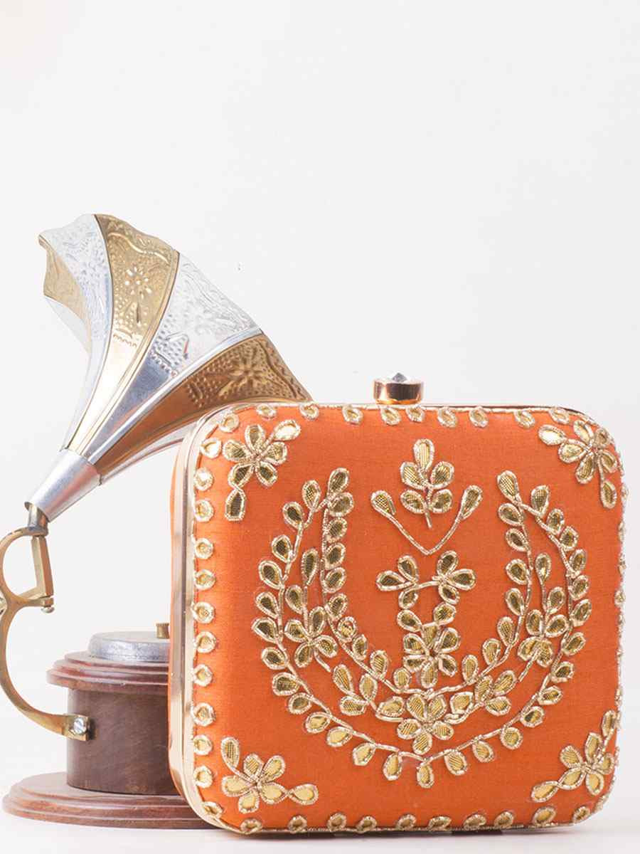 Orange Art Silk Party Wear Embroidered Clutches