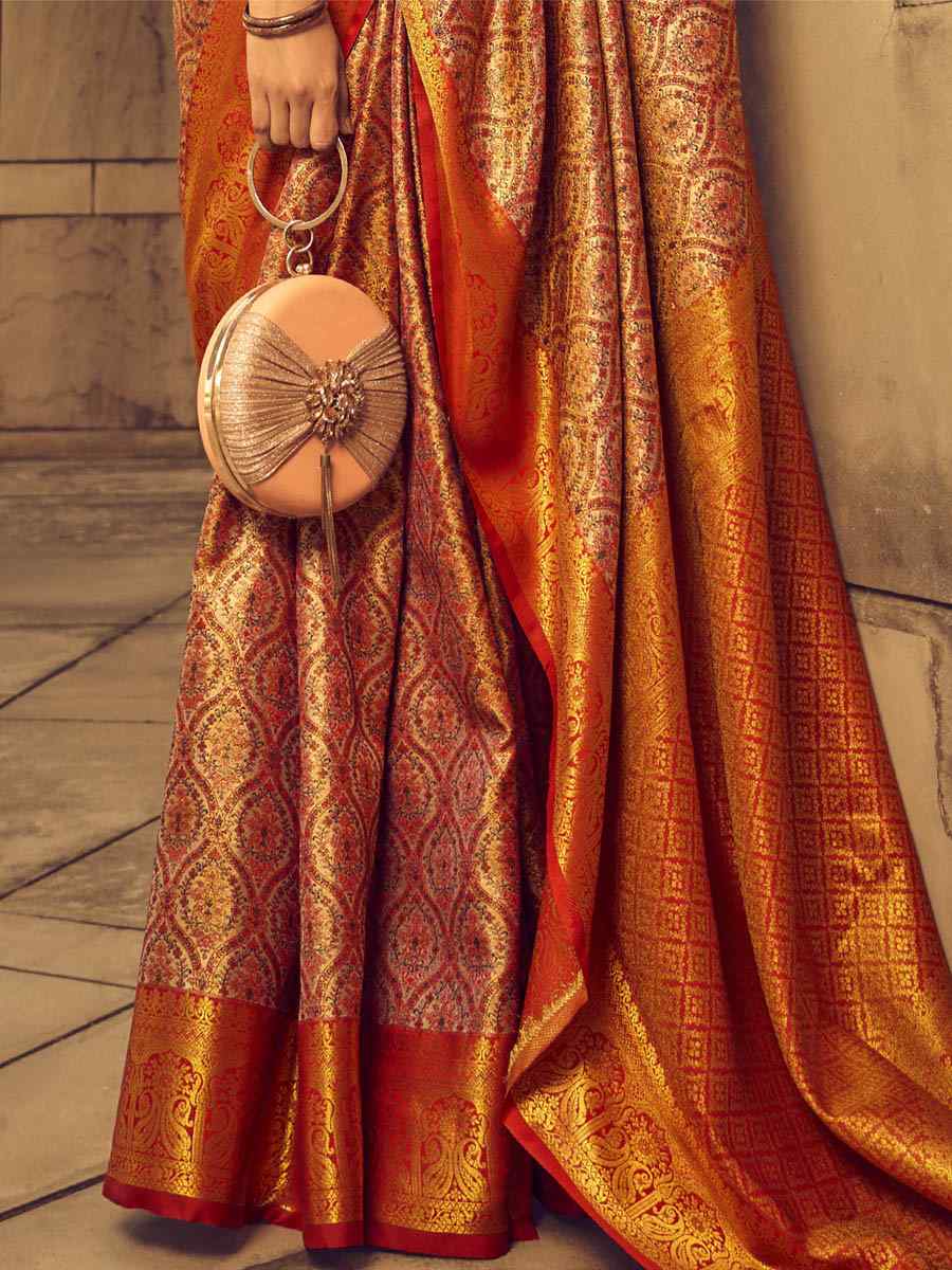 Orange Banarasi Handloom Weaving Silk Handwoven Wedding Festival Heavy Border Saree