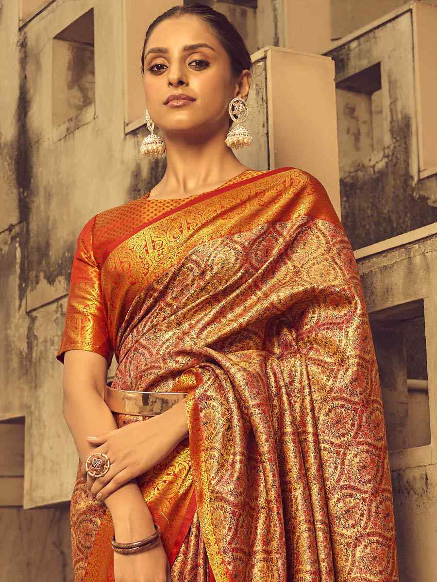 Orange Banarasi Handloom Weaving Silk Handwoven Wedding Festival Heavy Border Saree