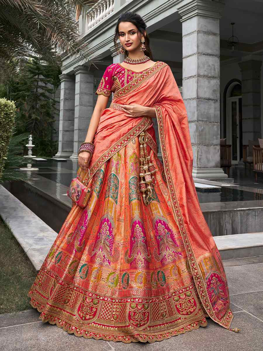 Orange Banarasi Silk Embroidered Bridal Wedding Heavy Border Lehenga Choli