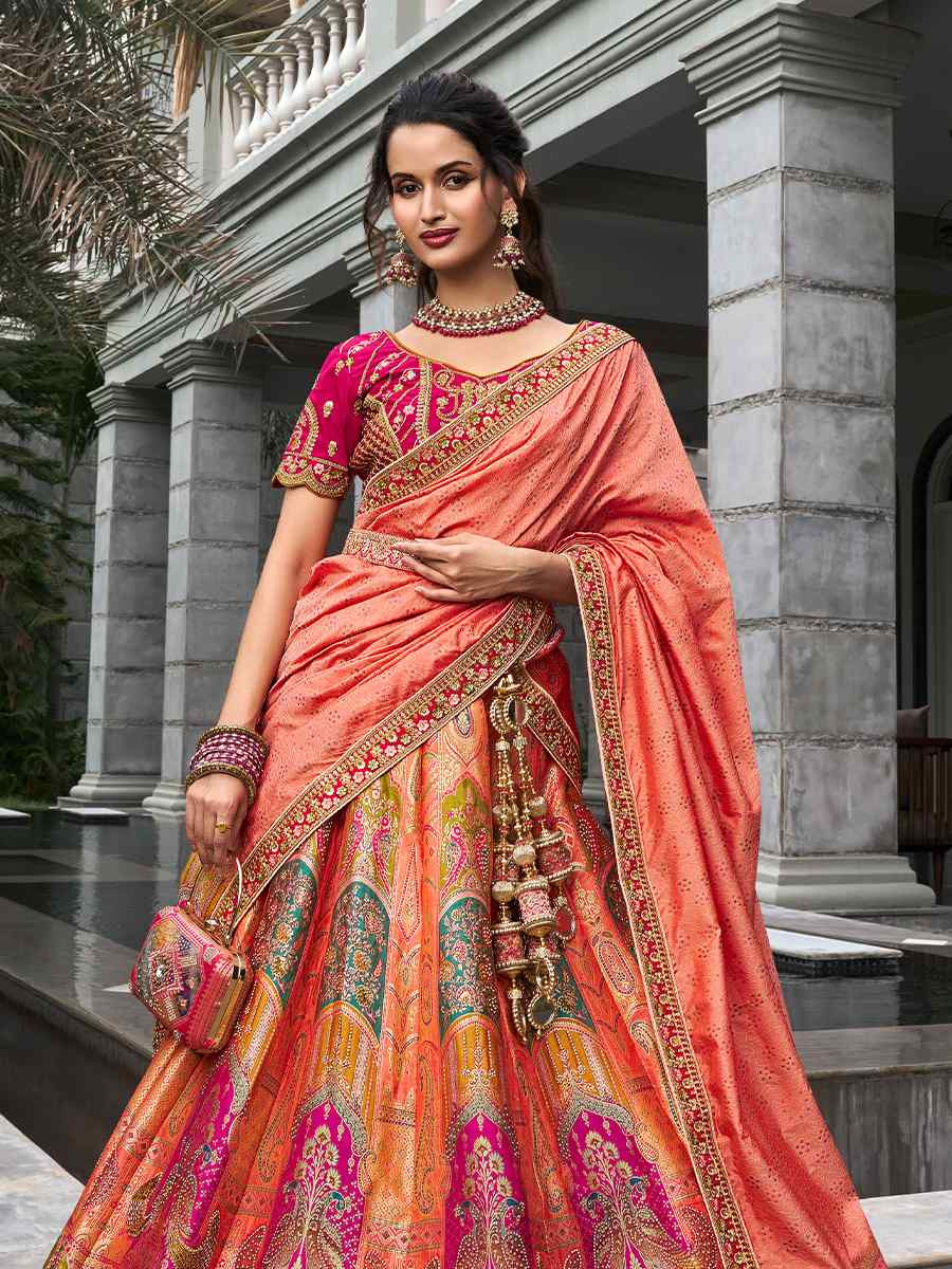 Orange Banarasi Silk Embroidered Bridal Wedding Heavy Border Lehenga Choli