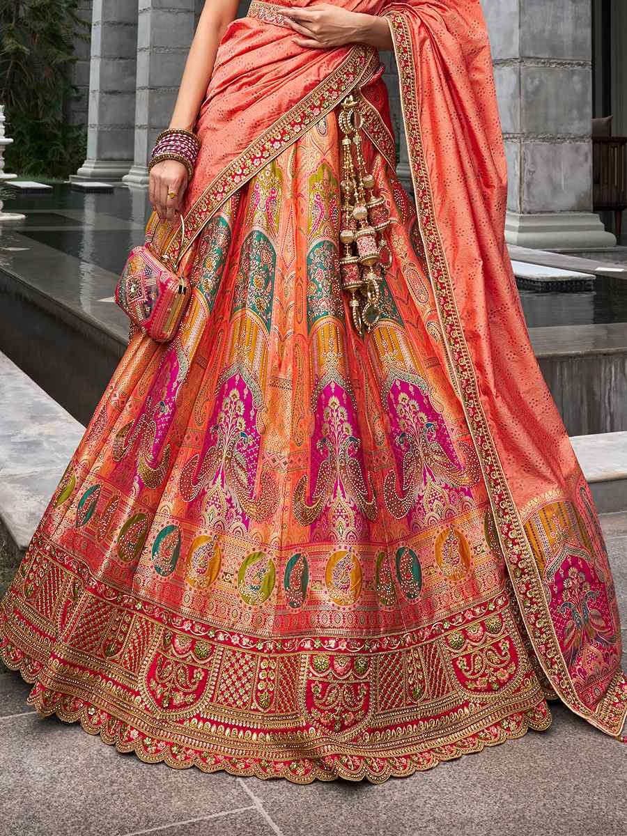 Orange Banarasi Silk Embroidered Bridal Wedding Heavy Border Lehenga Choli