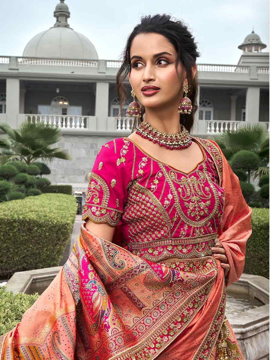 Orange Banarasi Silk Embroidered Bridal Wedding Heavy Border Lehenga Choli