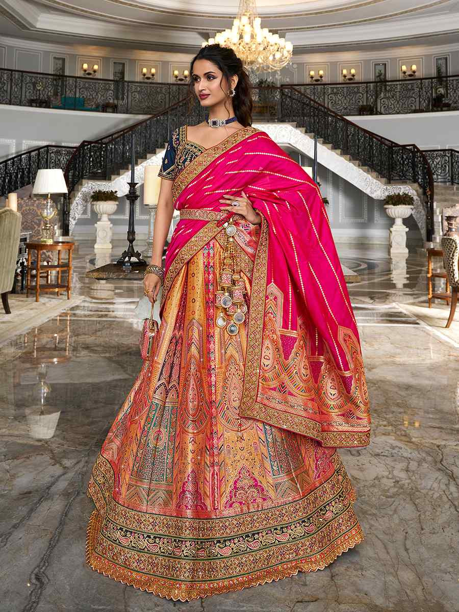 Orange Banarasi Silk Embroidered Bridal Wedding Heavy Border Lehenga Choli