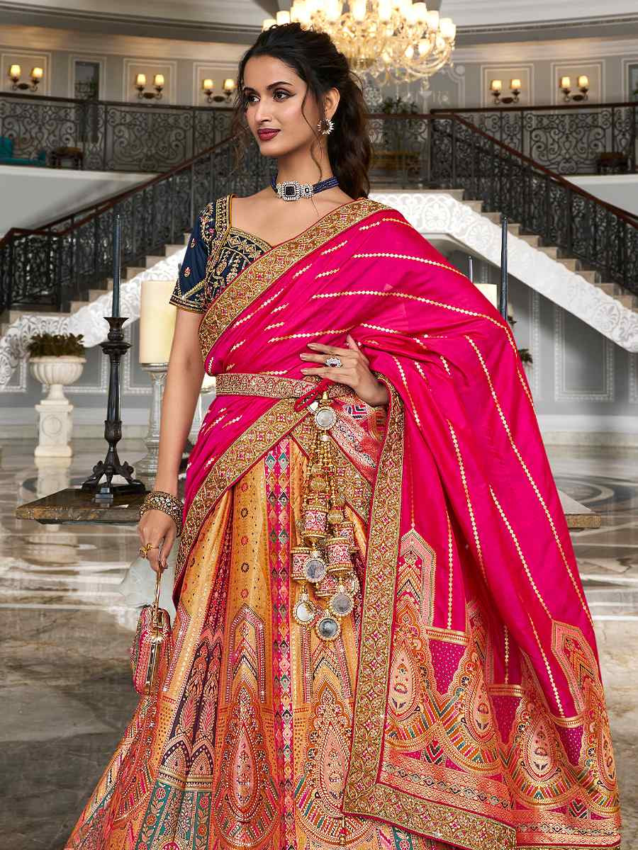 Orange Banarasi Silk Embroidered Bridal Wedding Heavy Border Lehenga Choli