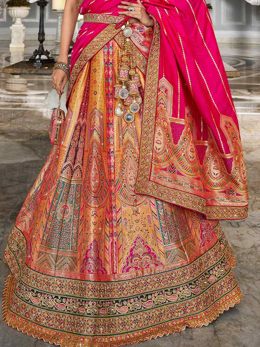 Orange Banarasi Silk Embroidered Bridal Wedding Heavy Border Lehenga Choli