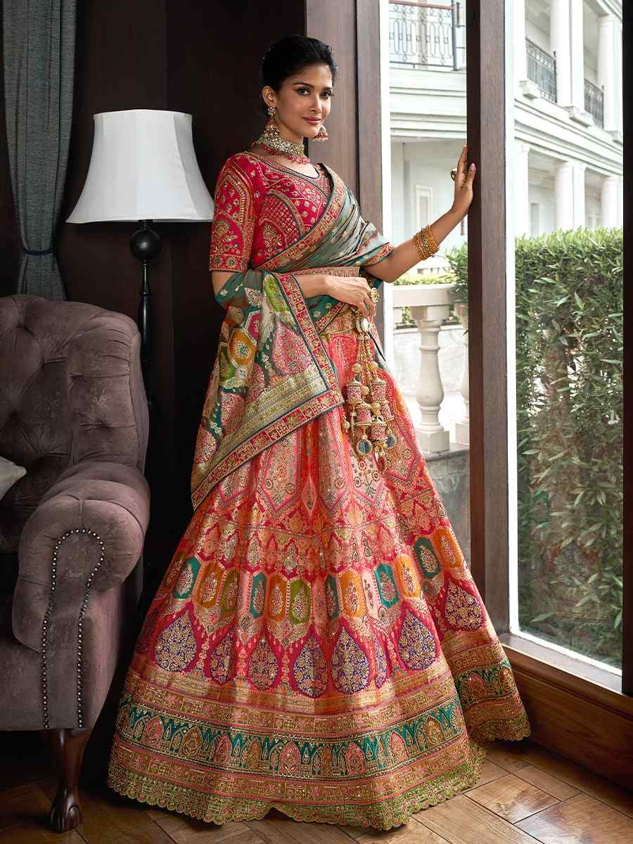 Orange Banarasi Silk Embroidered Bridal Wedding Heavy Border Lehenga Choli