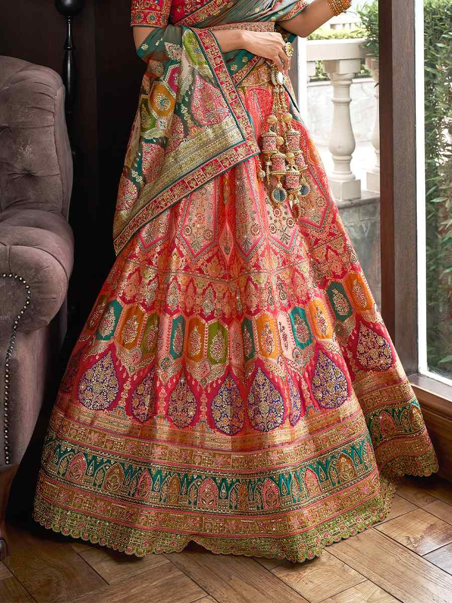 Orange Banarasi Silk Embroidered Bridal Wedding Heavy Border Lehenga Choli