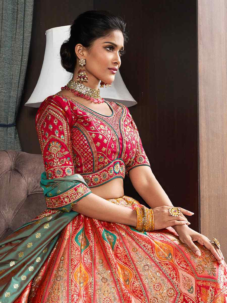 Orange Banarasi Silk Embroidered Bridal Wedding Heavy Border Lehenga Choli